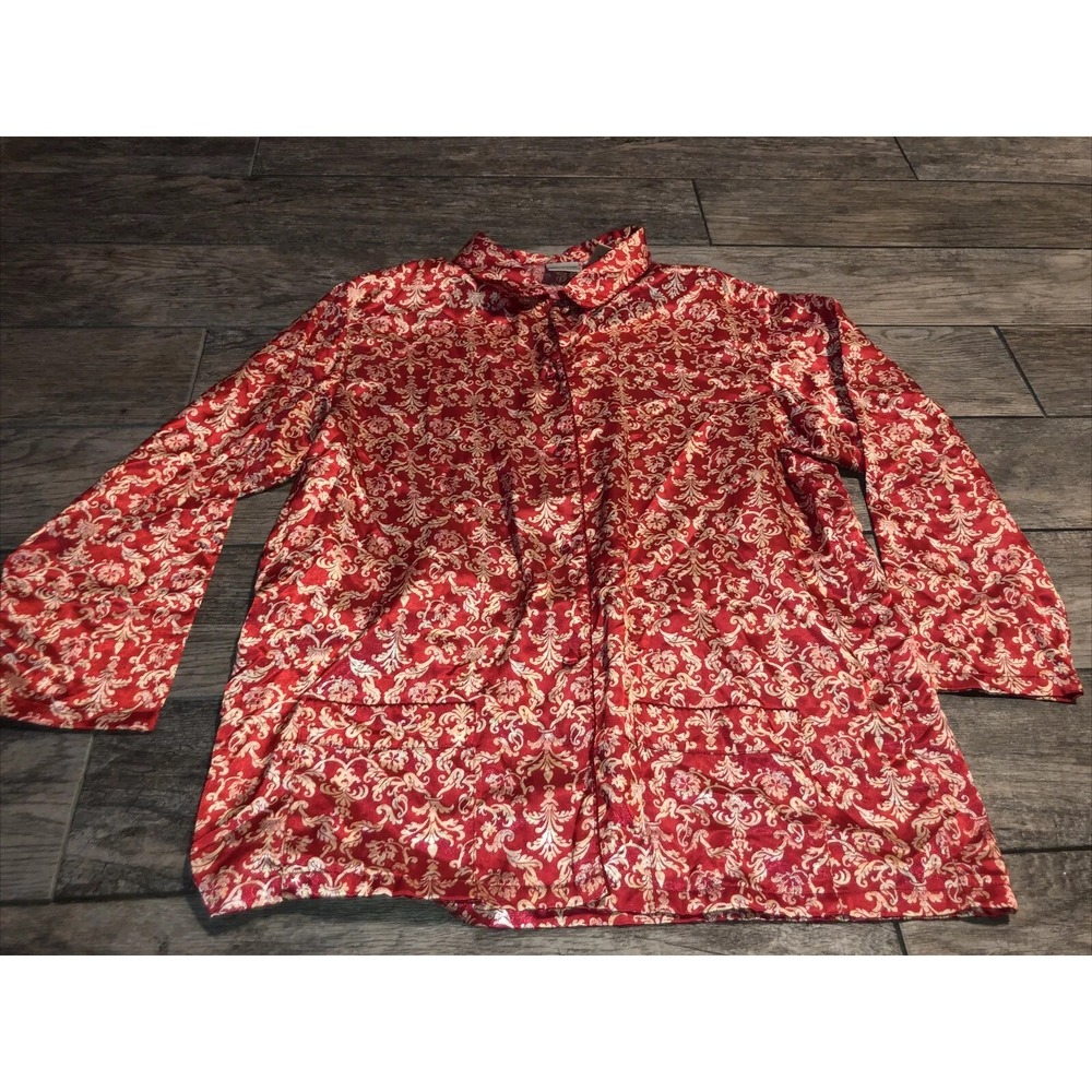 DELICATES Pajama‎ Top Shirt Size Large Red White Button Down Women's Long Sleeve